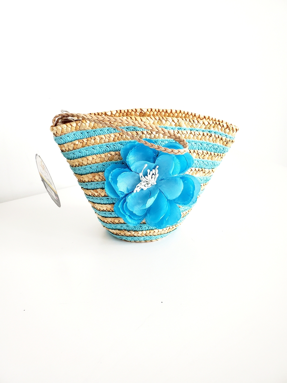 Woven Straw Beach Clutch with Turquoise Flower